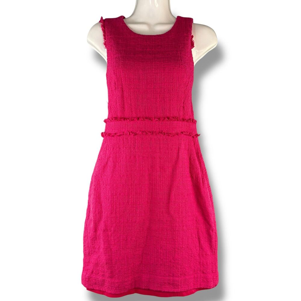 J.Crew Pink Fuchsia Tweed Sheath Sleeveless Fringe Hem Midi Dress Size 2P